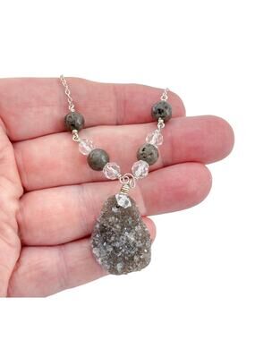 Vintage Deb Guyot Sterling Silver 925 Druzy Smoky Quartz Pendant Necklace 30"
